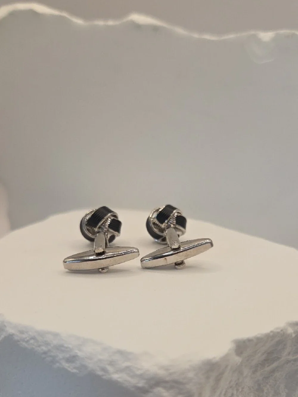 MEL New York Men's Black & Silver Knot Cufflinks Stainless Steel Bullet Back